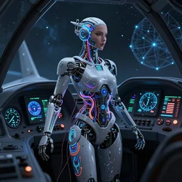 dark theme : a full female body of mechanical beautiful girl robot fighter pilot is piloting while all her parts are connected by luminous intricate organic and colorful electric cables and wires and fibers to the jet cockpit with dials and lights and gauges and radar, experiencing the quantum field cinematic highly detailed realistic beautiful cosmic neural network octane render unreal