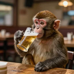 a little monkey drinking beer in a restaurant, fantasy style
