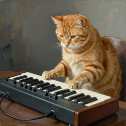 orange cat playing a moog synthesizer, by edouard manet
