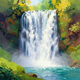 beautiful waterfall, illustration by thomas kinkade, colorful, creative design 8 k digital art