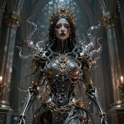beautiful portrait of the priestess of pain and sorrow, bio-mechanical cathedral ,intricate tendrils, chaotic swirling ferrofluids, baroque, octane render, glow, surreal dramatic lighting, intricate details and ornaments, 8k, cinematic, blur, shallow depth of field