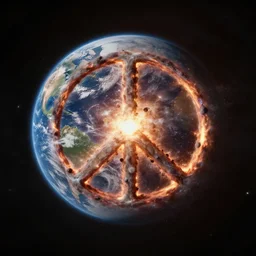 a supernova explosion destroying planet earth merging into a peace sign, space photography, high quality, 8 k,