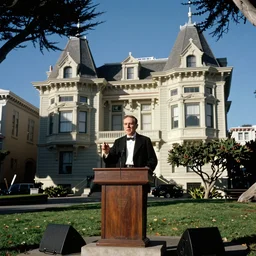 color photo of trotsky delivering a speech at mission dolores park in san francisco