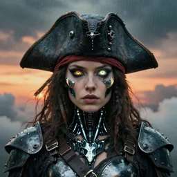 symmetry! middle closeup chamber portrait of a biblical diabolical pirate!! girl! stylish cyborg armor, heavy eyes to the side, closeup, bright glowing eyes, in clouds, rain, sunset, by gerald brom, by mikhail vrubel, by peter elson, muted colors, extreme detail, mirrors, trending on artstation, 8 k