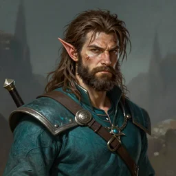 An epic fantastic realism comic book style portrait painting of an arrogant half elf ranger with shaggy brown hair, scruffy beard, scar on face, teal tunic, D&D Concept Art, unreal 5, DAZ, trending on deviantart hyperrealistic, octane render, cosplay, RPG portrait, dynamic lighting