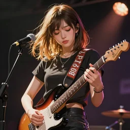 rockstar girl playing electric guitar on stage. by amano yoshitaka, digital art, digital painting, artstation trending, unreal engine
