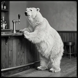 a polar bear at a bar, standing on two legs on the floor. beer tap. antique. daguerrotype