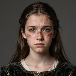 teenage medieval girl, half of her face is covered with a brown birthmark, unhappy, portrait, highly detailed, realistic, dark hair
