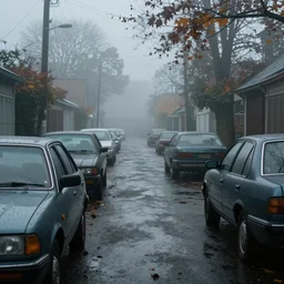 silent hill in real life, streets, sombre, parked cars, desolate, overcast, blankets of fog pockets, dew, rain, volumetric lighting, beautiful, auttumn morning dew, sharp focus, 7 0 s visuals, ultra detailed, cgsociety - w 1 0 2 4