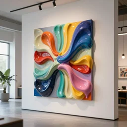 : colorful abstract melty sculpture art on the wall in modern architecture studio, cinematic lighting, hyper - realistic, detailed, render by c 4 d octane, unreal engine, 8 k 3 d render