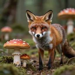 Close-up of a fox in a magic forest with toadstools
