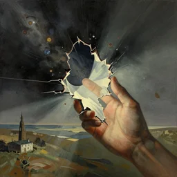 A illustration. A rip in spacetime. Did this device in her hand open a portal to another dimension or reality?! dieselpunk by Alberto Giacometti, by Arthur Adams, by Sean Yoro dynamic, realistic