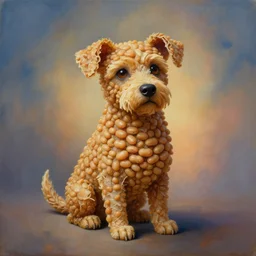 painting of a very cute dog, dog is made of baked beans, baked bean skin texture, by zdzislaw beksinski, by dariusz zawadzki, by wayne barlowe, gothic, surrealism, cosmic horror, lovecraftian, cold hue's, warm tone gradient background, concept art, beautiful composition