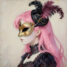 anime masquerade vogue, intricate oil painting by greg rutkowski, trending on artstation, side profile, masquerade, pink hair