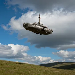 fantasy sky - ship flying through the clouds blue sky grassy hills, andreas rocha style