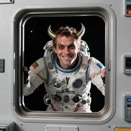 Evil Markiplier looking out of the window of the International Space station with a smile on his face. Devilish markiplier pixashot instant camera space imagery with markiplier. Photograph from Nasa, complementary of the International Space Station.