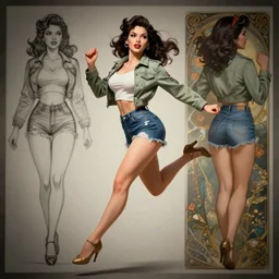 cartoonish tattooed pinup girl halston sage wearing a jacket and ripped shorts running and jumping, character sheet, character design,, contrast, deep focus, turnaround, highly detailed, dramatic lighting, digital painting, artstation, concept art, matte, sharp focus, illustration, elegant, art by artgerm and greg rutkowski and alphonse mucha.