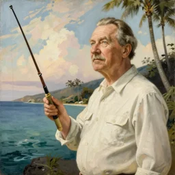 painting of Urho Kekkonen fishing in Hawaii by Sandro Botticelli, clear texture, calm, pastel colors