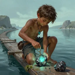 A young breaker boy on the line stealing a piece of glowing ore by placing it inside a pendant, fantasy art style