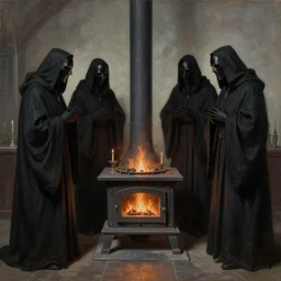 cultists in black robes surround a stove, realistic, gothic, black masks, magical, realistic painting, Dungeons and Dragons