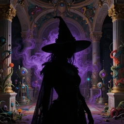 a close - up silhouetted supernatural witch in baroque neoclassicist halls overgrown with colorful otherworldly technology. close - up view, detailed textures. glowing purple fog, dark black background. highly detailed fantasy science fiction painting by moebius, norman rockwell, frank frazetta, and syd mead. rich colors, high contrast