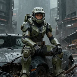character portrait of a female warrior in halo spartan armor sitting on a broken car in a desolate cyberpunk wasteland city, symmetrical face, realistic eyes, 8 k, realistic shading, concept art, digital painting, illustration, matte painting, moody lighting, sharp focus, minimal artifacts, wet, rain, rainstorm, john singer sargent, william - adolphe bouguereau, masami suda