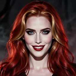beautiful scary female vampire, Jennifer Connelly, Rafael Albuquerque comic art, glowing red and gold hair, smiling, clear clean face, two perfect eyes, perfect eyes perfect symmetrical eyes, symmetrical face, sarcastic pose, dark and smoky background