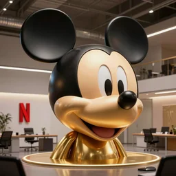 giant destroyed head of cyberpunk mickey mouse, inside of netflix office, by beeple, dystopia, golden ratio, octane render, trending on artstation, 8 k