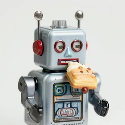highly detailed closeup portrait of a cute tin toy retro robot eating cakes, nicoletta ceccoli, mark ryden, lostfish, earl nore, hyung tae, frank frazetta, global illumination, god rays, detailed and intricate environment