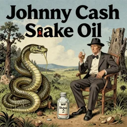 album cover for the Johnny Cash and Snake Oil colab record. Snake oil, quackery, folk medicine, scamming, beautiful album cover ((((((((((text)))))))))), album art by Rene Magritte and R. Crumb