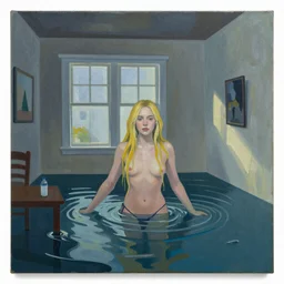abstract painting of Elle Fanning in a flooded house, by Bill Sienkiewicz
