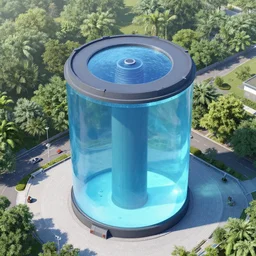 aerial view of a giant fish tank shaped like a tower in the middle of Shanghai city, 8k octane render, photorealistic