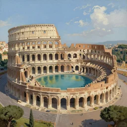 a colosseum like arena with it's inner part surrounded with water, view from the sky, detailed painting, 8 k,
