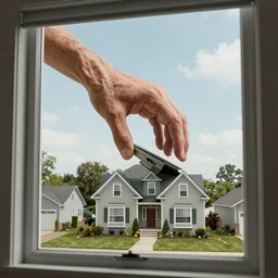 a giant hand coming from the sky and picking up a house in a suburban neighborhood, photorealistic, view from window