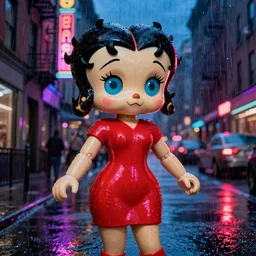 night flash portrait photography of animatronic betty boop on the lower east side by annie leibovitz, raining!!! colorful!!, nighttime!,