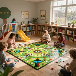 videogame board game playground library surreal architecture realistic cinematic