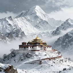 snowy peaks, himalayas, buddhist temple, stunning, extraordinary, blizzard, mystical, made in abyss style, detailed, dynamic scene