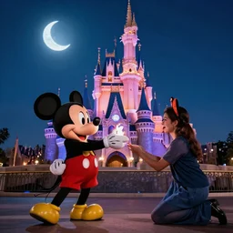 Disney adult fans offering a human sacrifice to Mickey Mouse in front of the Disney Castle under a crescent moon