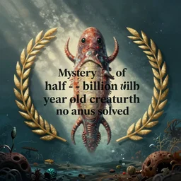 symmetric illustration on headline : mystery of half - billion year old creature with no anus solved
