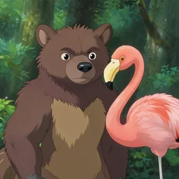 close up shot of a wolverine and flamingo standing together in the forest, art by studio ghibli