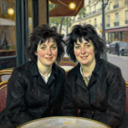 portrait of two happy middle aged italian women with black hair and green eyes sitting outside a parisian cafe painted by emile friant