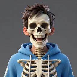 a beautiful, hyperrealism, naturalistic 3 d rendered matte painting and symmetrical portrait of a glee skeleton boy wearing a white string attached light blue hoodie who smiles tremendously, and the passion he feels excites his bone face full of joy and pure happiness, in the style of james jebusa shannon, reisha perlmutter and finnian macmanus : 5, realistic art, natur