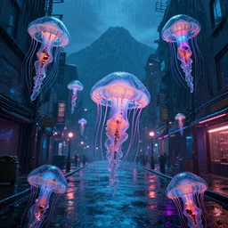 many mechanical jellyfishes floating in the street at night after the rain, a mountain in the distance, surreal, cyberpunk, psychedelic, highly detailed, digital art, blade runner 2 0 4 9, darek zabrocki, 8 k