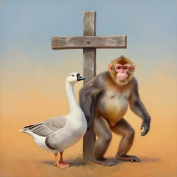 by corine perier, by ellen jewett, anatomy by ronald ong, by arne olav gurvin fredriksen, cold hue's, warm tone gradient background, beautiful composition, painting of cross between goose & monkey, intercrossed animal, - h 7 6 8