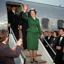 an image of the queen of winter attending a royal tour in a medium full shot, vintage historical fantasy 1 9 3 0 s kodachrome slide german and eastern european mix. she is pictured waving to the spectators as she leaves a luxurious plane and descends a stairway. she is dressed in a green skirt suit with a pencil skirt and peplum jacket.