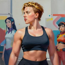 greg manchess portrait painting of scarlett johansson as adult beautiful thick muscular female bodybuilder toph beifong from avatar, medium shot, asymmetrical, profile picture, organic painting, sunny day, matte painting, bold shapes, hard edges, street art, trending on artstation, by huang guangjian and gil elvgren and sachin teng