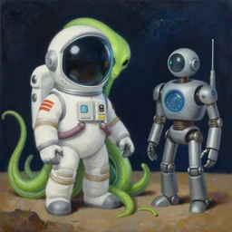 spaceman, tentacle alien, robot, painting by howard brown