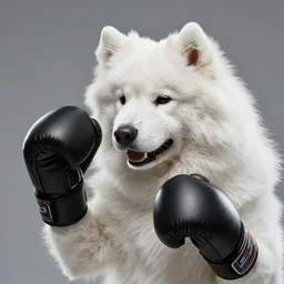 samoyed dog head on a human body as a muay thai kickboxer, gloves on hands, cinematic