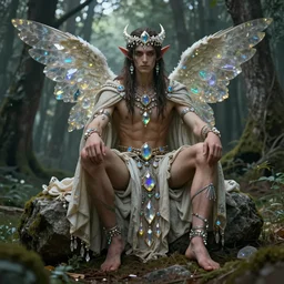 gypsy fairy angel demon male, sitting on a rock in a forest, loincloth, robes, shawls, copious crystal jewelry, tribal, iridescent, artstation, hearthstone, by artgerm, by greg rutkowski, by alphonse mucha, by bouguereau, by ruan jia, by and conrad roset,