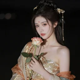 a beautiful woman in a dress holding a rose against the backdrop of a dark night. she looks like a queen from ancient times.